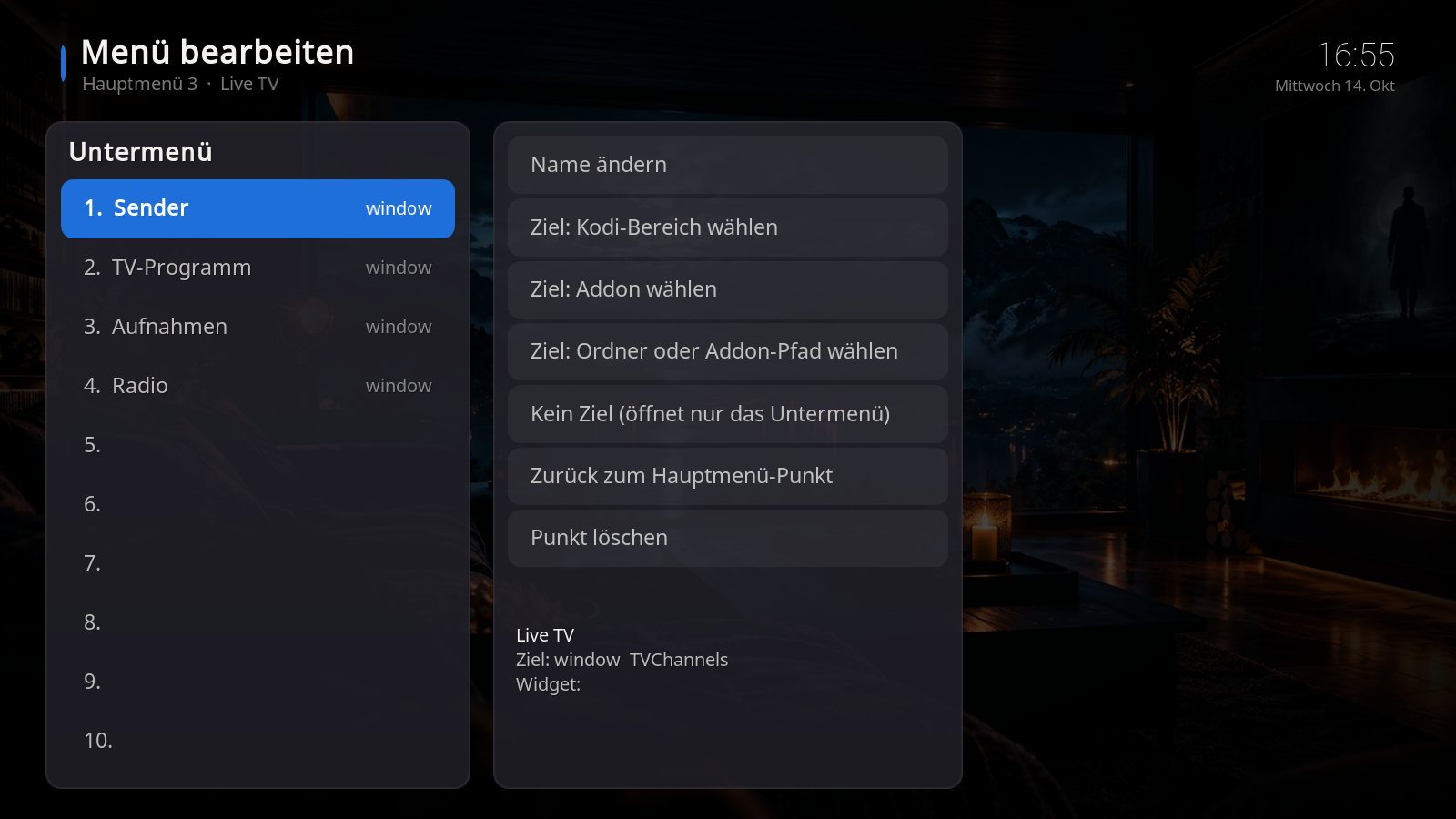 Untermenü von „Live TV“ bearbeiten